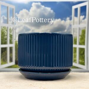 Navy Blue Ribbed Ceramic Planter with Saucer Attached